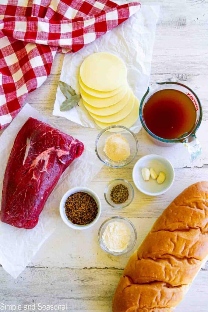 ingredients for a Crockpot Express French Beef Dip sandwich