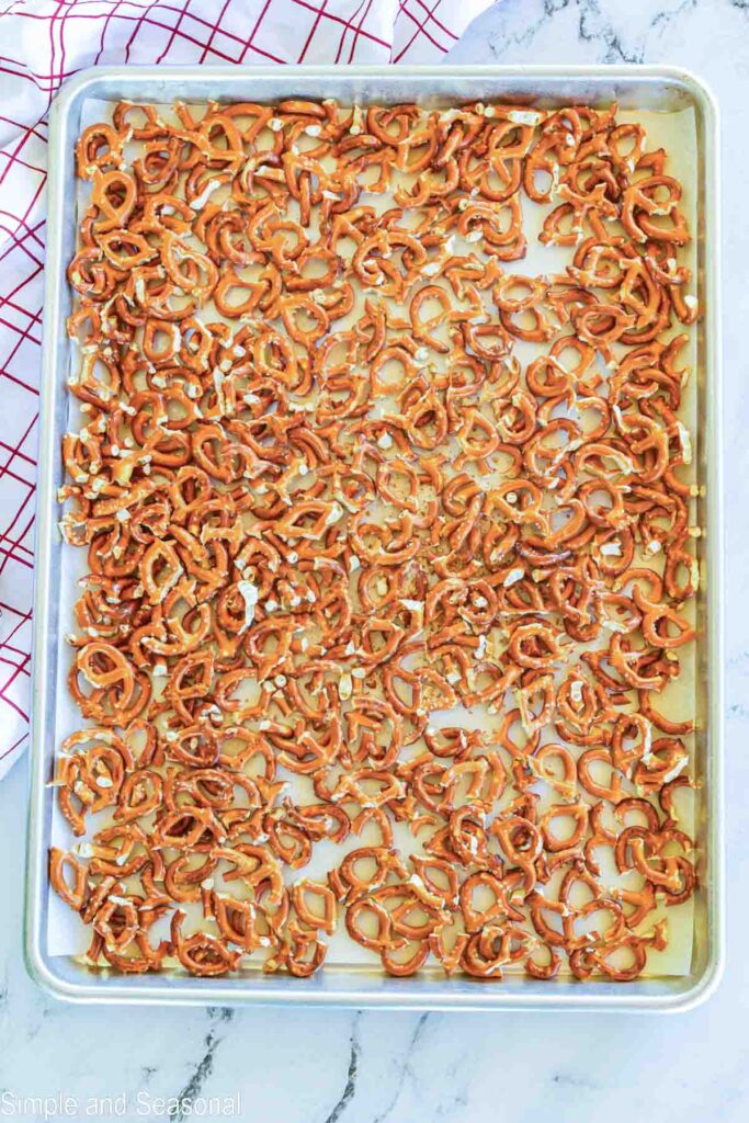 broken pretzels on a sheet pan