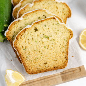 closeup view of slice of lemon zucchini bread