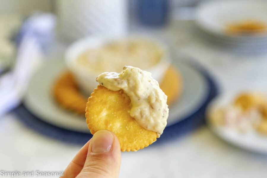 hand holding a round cracker dipped in bacon onion dip