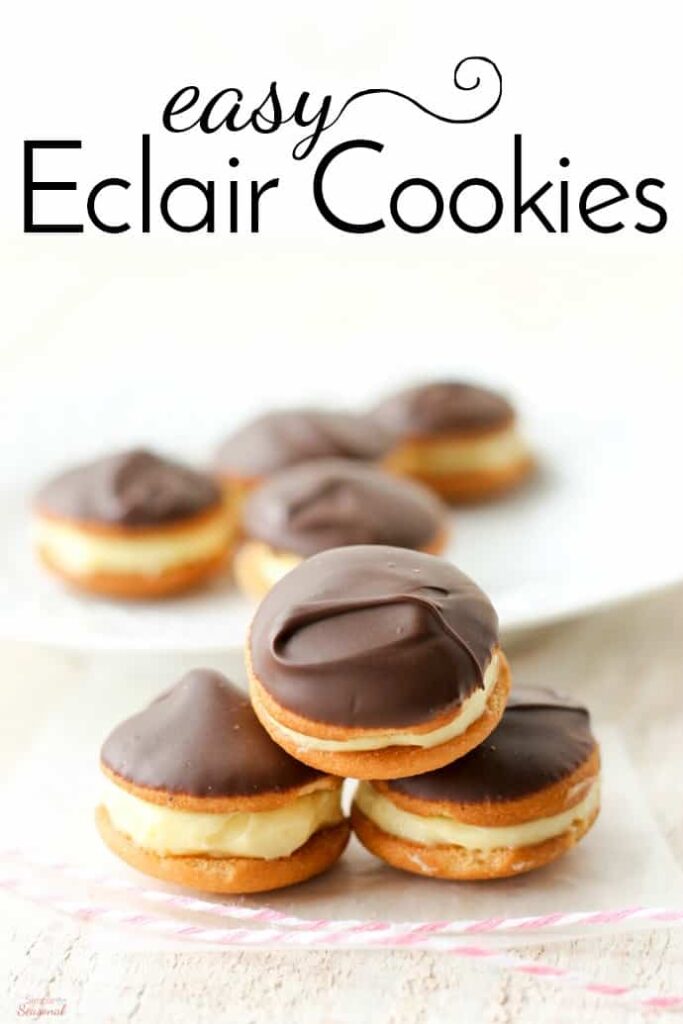 3 chocolate covered stuffed cookies stacked on each other with a plate in the background: text overlay reads Easy Eclair Cookies