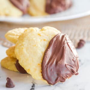 close up of chocolate orange cookie with chocolate chip on the side