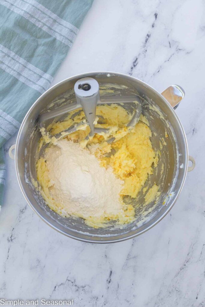 dry ingredients added to wet in mixing bowl