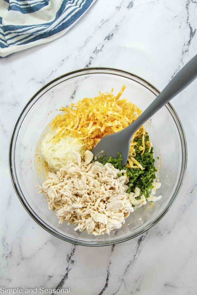 bowl with chicken, cheese and other ingredients for filling