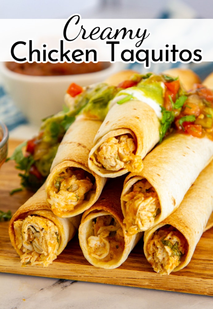 stack of 6 taquitos topped with sour cream and salsa with a text label that reads: Creamy Chicken Taquitos