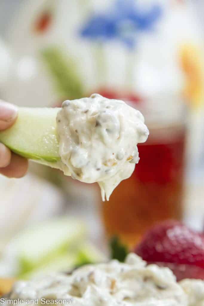 closeup of apple slice with dip