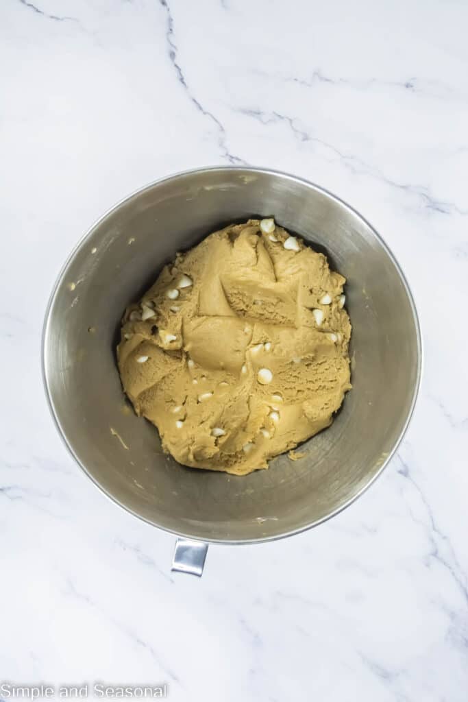 mixing bowl with finished cookie dough batter
