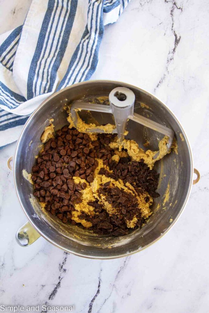 chocolate chips and chopped up chunks ready to mix into batter