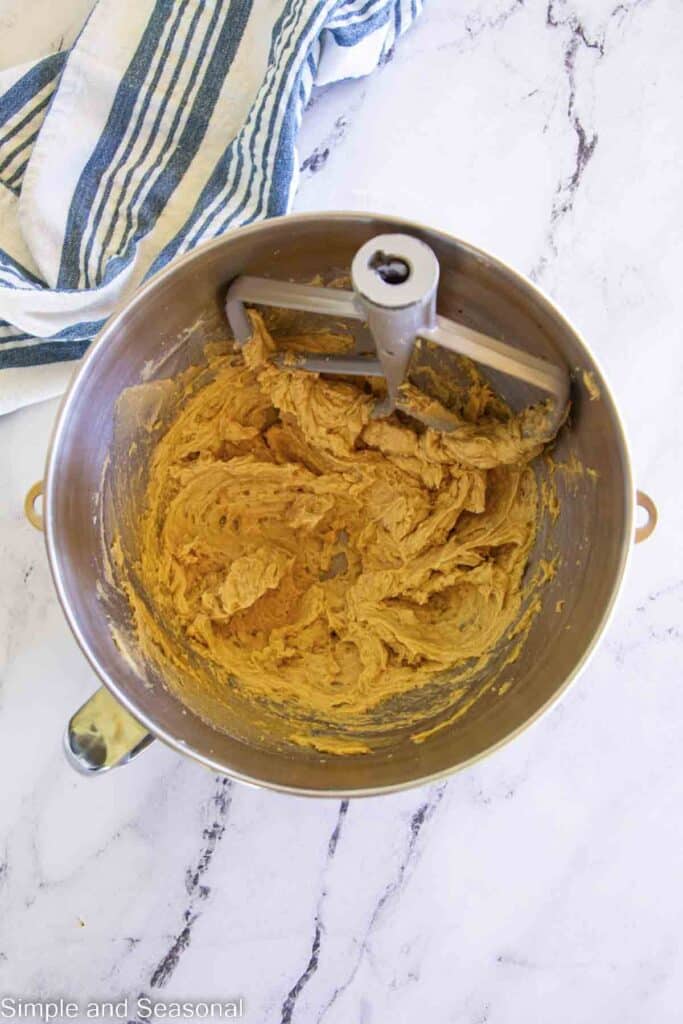wet ingredients creamed together in a mixing bowl