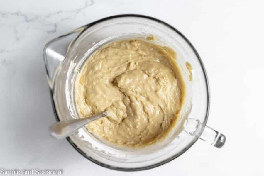 cake batter stirred together in mixing bowl