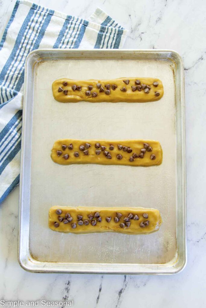 chocolate chips pressed into the tops of the cookie dough rectangles
