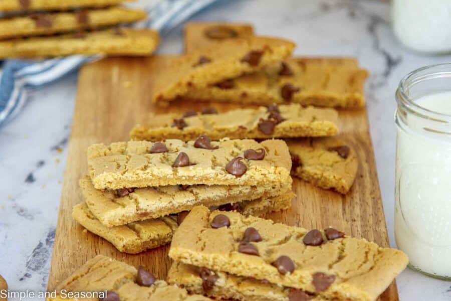 cookie sticks baked on a platter with glass of milk
